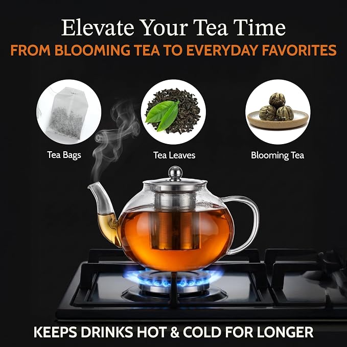 James Bentley Glass Coffee and Tea Set – Borosilicate Glass Teapot Set for Adults with 40oz Teapot & 4 Insulated Glasses, Stainless Steel Strainer for Bags and Loose Tea– Microwave, Dishwasher Safe