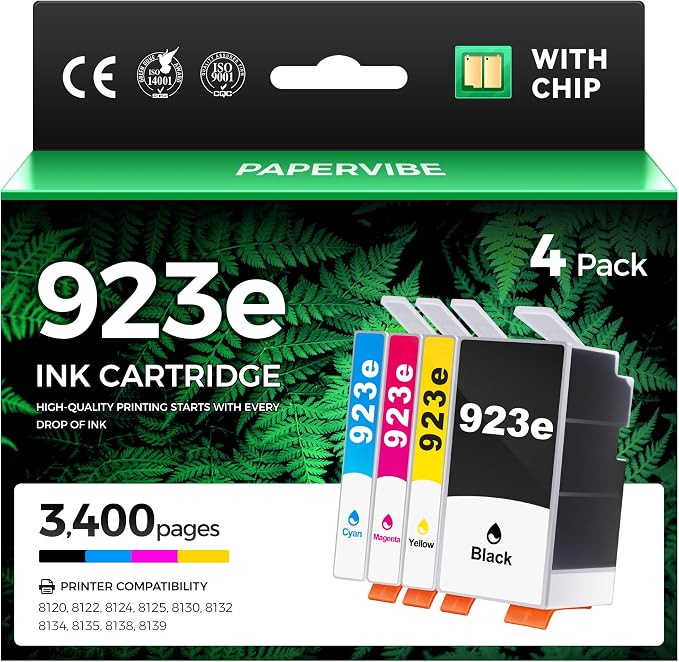 923e Ink Cartridge 4-Pack High Yield with Chip Compatible Replacement for HP 923 923e 923XL Ink Work with OfficeJet Pro 8120 8122e 8123 8130 8133 8135e 8138e 8139e Printers Black Cyan Magenta Yellow