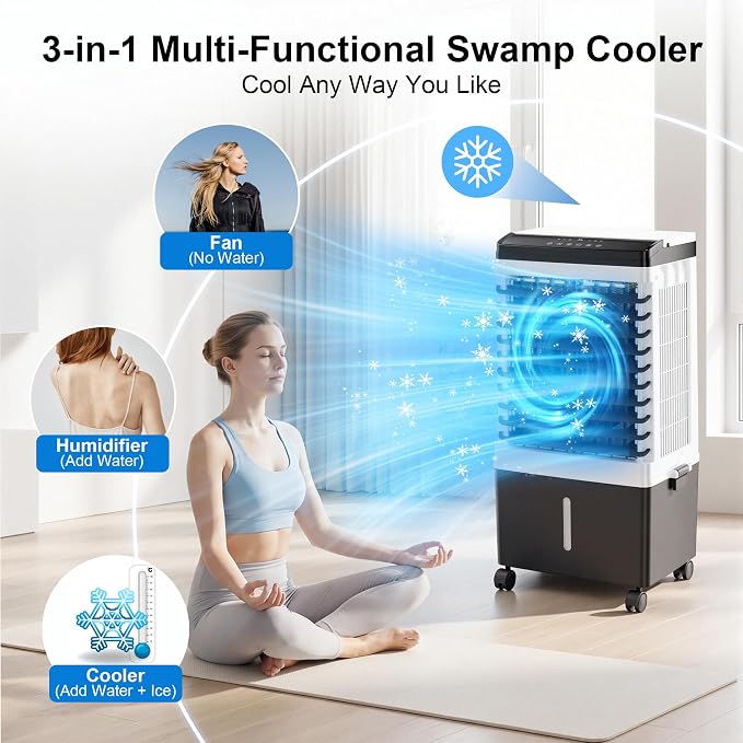 Uthfy 1800 CFM Swamp Cooler, 31" Evaporative Air Cooler with 5.3 Gal Detachable Water Tank, 120° Oscillation, 3 Speeds, Remote, 12H Timer, Portable AC for Bedroom Office Patio