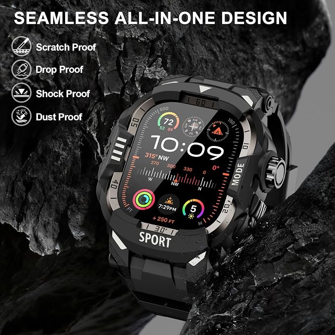DABAOZA Rugged Case with Band Screen Protector Compatible with Apple Watch 49mm, for iWatch Ultra 3/2/1,Military Grade Shockproof Bumper and Men's Tactical Heavy Duty Strap(Black/Black,49MM)