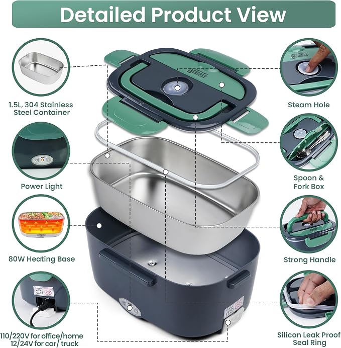 80W Electric Lunch Box for Adults - Heated Lunch Box & Portable Food Warmer with 1.5L Stainless Steel Container | 12V/24V/110-220V Lonchera Eléctrica Portátil for Car, Truck & Office - Green