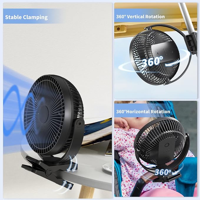 Clip on Fan, Rechargeable Portable Fan, 8 Inch Small Desk Fan - 10000mAh Battery Powered Fan with 4 Speed, 360° Rotation Personal Fan Suitable for Golf Cart, Bedroom, Travel and Camping (Black)