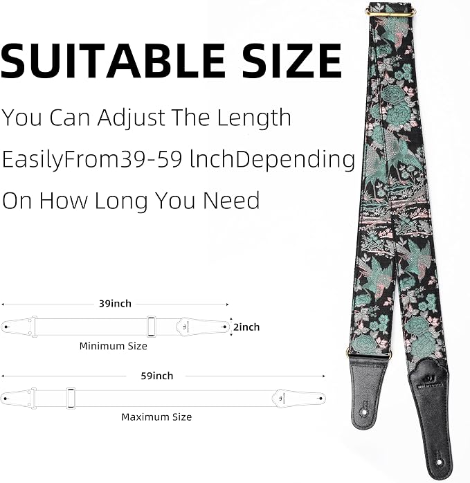 Guitar Strap, Electric& Acoustic Bass Guitar Straps,Embroidered Filament with Head Cowhide Leather Strap, with Free Strap Button,2 Guitar Strap Locks，4Guitar Pick (Birds and Flowers)