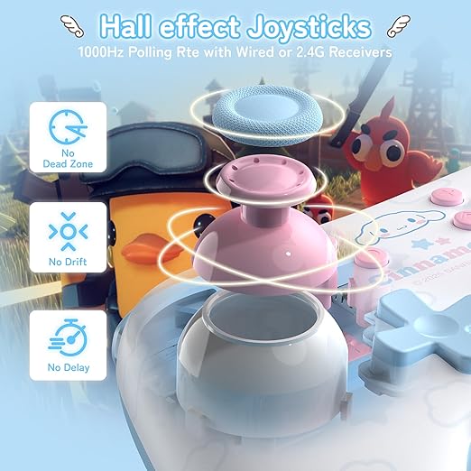 Kuitmor Cinnamoroll Switch Pro Controller, Cute Hall Effect Wireless Gamepad No Drift for Switch 2/Switch/OLED/Lite, PC/Steam, Android, iOS, Bluetooth + Wired, Turbo, Back Buttons, 6-Aixs Gyro, Wake-up, RGB (Blue, Without 2.4g Receiver)