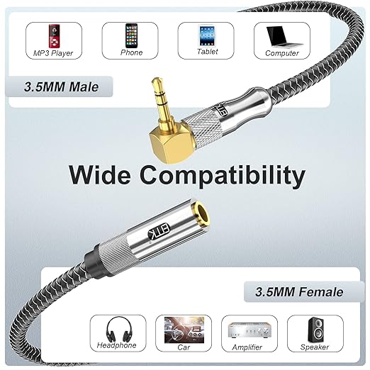 EMK Premium 90° 3.5mm Headphone Extension Cable (1.5Ft/0.5M) - Right-Angle TRS Stereo Aux Extension Cord for Laptops, Smartphones & Audio Devices - Space-Saving Angled Design, Gold-Plated Connectors