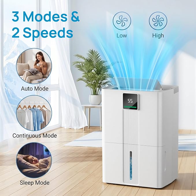 Uthfy 100 Pint Dehumidifier for Home & Basement, 6000sq.ft Dehumidifier with Drain Hose, Detachable Water Tank, Smart Humidity Control, Dual LED Display, Wheels & Handle for Large Room, Off White