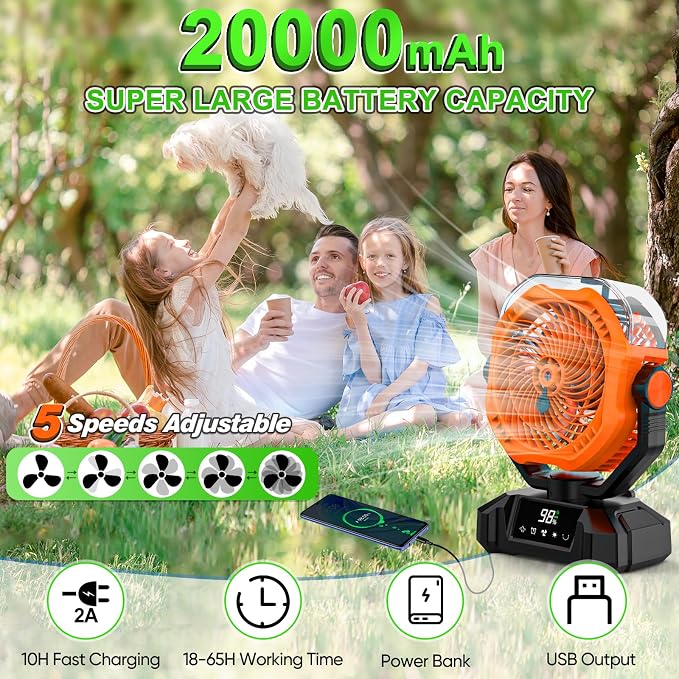 Portable Misting Fan, 20000mAh Rechargeable Camping Fan with 360mL Water Tank & LED Lantern, 5 Speed Wind Battery Powered Protable with Mist For Patios, Camping, Travel, Beach