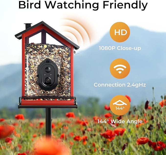 TT Nature Smart Bird Feeder with Camera, Heavy-Duty Chew-Proof Metal Casing, Solar Powered, AI Identify Bird Species & Instant Notifications, 3.2L Large Capacity Bird Watching Gift, Red