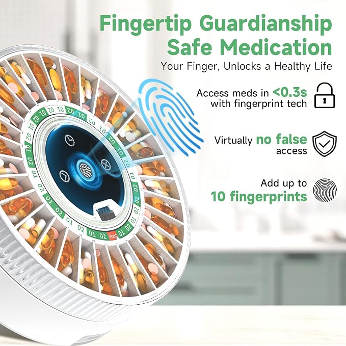 Zoksi Premium 31-Slot Automatic Pill Dispenser with Fingerprint & Key Lock, Smart Medication Organizer with Alarm & Light, Electronic Pill Organizer for Elderly & Forgetfulness(Green)