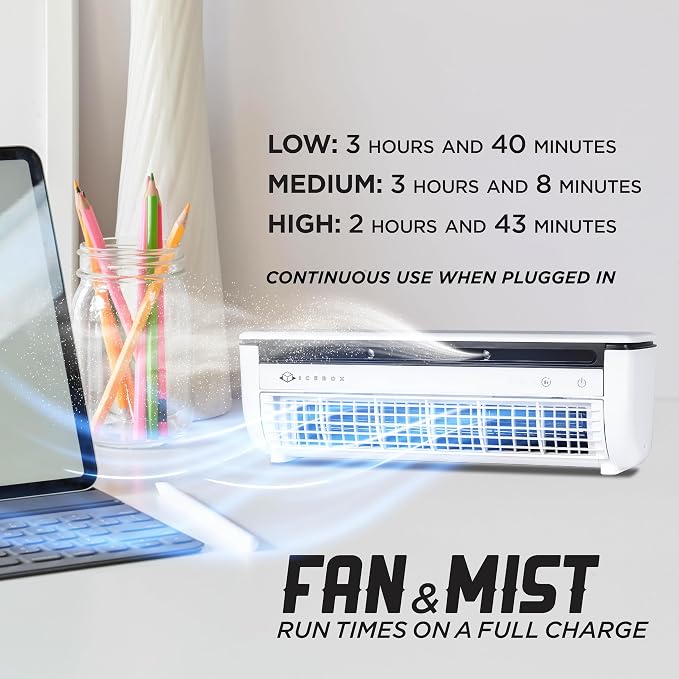 IceBox Cooling Mist Fan, Small Portable Fan with Evaporative Humidifier, For Desk or Wall Mount, 3 Speeds, 8.8oz/260ml Tank, Battery or USB-C Operation, Remote, USB-C Cable, IBCF200W, White/Gray
