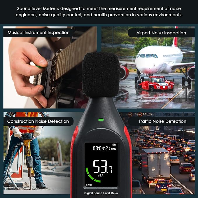 Decibel Meter Sound Level Data Logger, Portable SPL Meter Noise Monitor with Data Logging & Graph Printing, A/C Weighted, Fast/Slow, MAX, Data Hold, 3-Color Alarm dB Meter for Noisy Neighbor Factory
