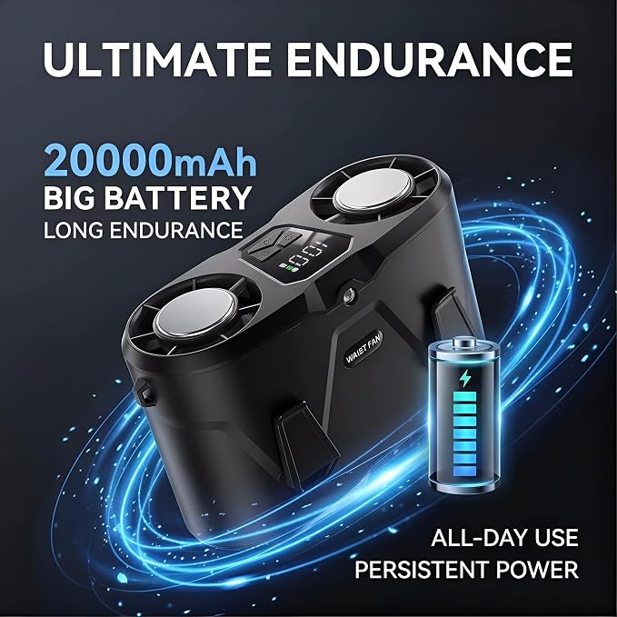 20000mAh Wearable Waist Fan, USB Rechargeable Personal Fan with 10 Wind Speeds, Dual Motors Portable Clip On Fan, Hands Free Cooling Fan for Outdoor Working Camping Travel (Black)