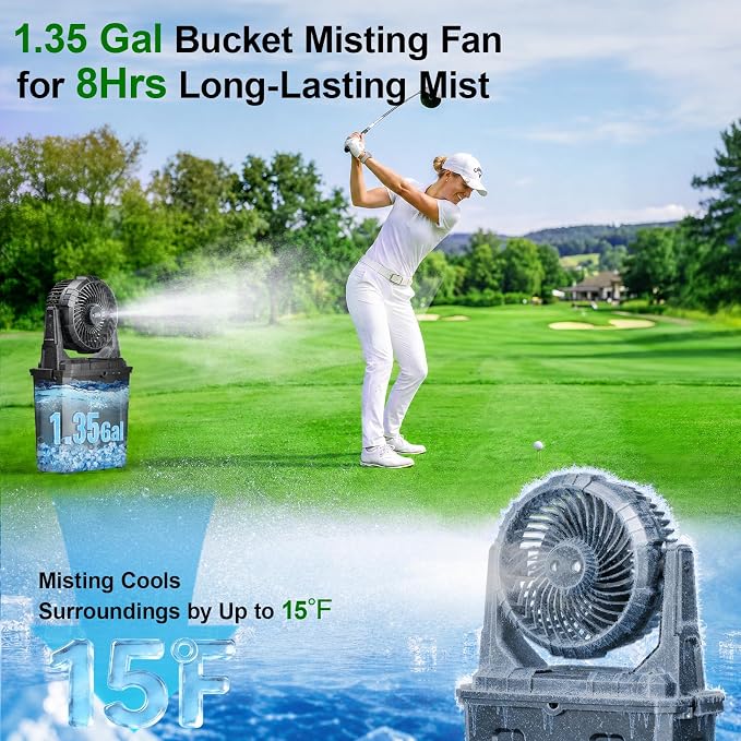 Ausic 1.35 Gal Portable Misting Fan, Outdoor Fans for Patios, [Max 30H] Rechargeable Battery Operated Fan, Bucket Mister Water Cooling Fan for Camping/Travel/Beach, 2 Large Spray Outlets