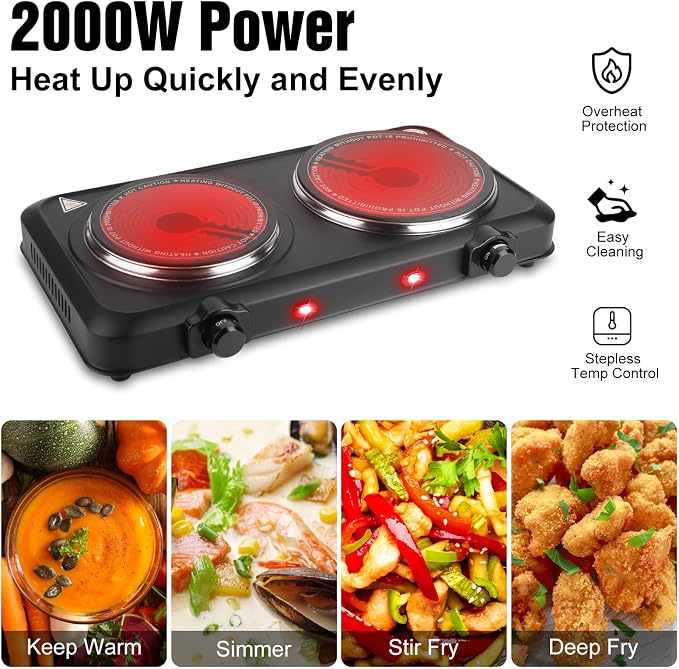 2000W Hot Plate,Portable Electric Stove Countertop Double Burner Infrared Burner with 7.5” & 6.3” Ceramic Glass Cooktop Stepless Temperature Adjustments for Home RV Camp
