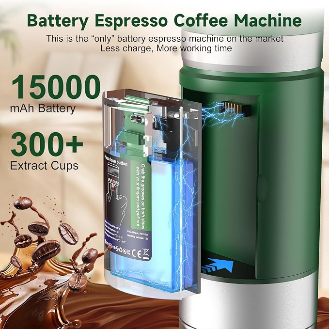 Portable Coffee Maker with Removeable Battery, 20 bar Mini Travel Coffee maker, Expresso Machine with USB-C,3-in-1 Car Coffee Maker Self-Heating, Ground Coffee & Capsule(Ns&DG)