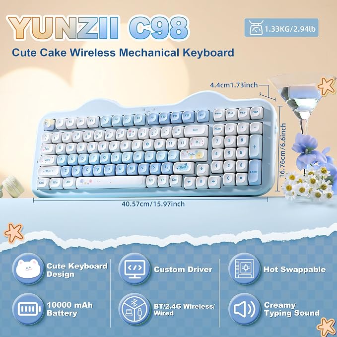 YUNZII C98 Wireless Mechanical Keyboard with Number Pad,98 Key BT5.0/2.4G/USB-C Hot Swap Gasket Mount with PBT MOA Keycaps,Custom RGB,Cute Cake Keyboard for Win/Mac (Blue, Candy Linear Switch)