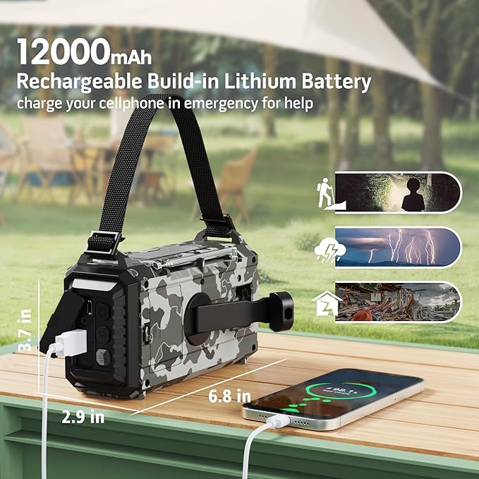 NOAA Emergency Weather Radio Camouflage 5-Way Powered 12000mAh, Crank Radio Flashlight Cell Phone Charger Am Fm Radio Portable
