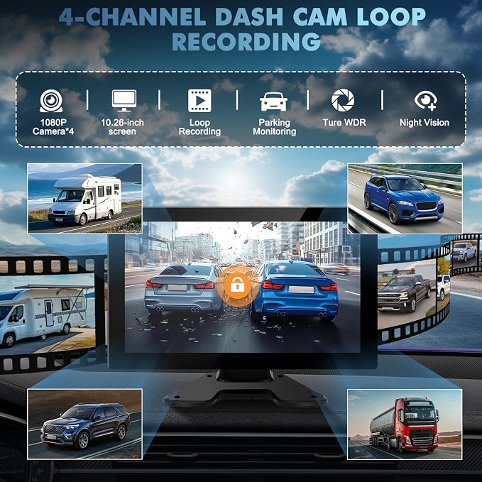 4 Channel Backup Camera Dash Cam 10.1" 1080p IP69 Waterproof DVR Recording Playback rv Camera System Music Video Player for Trucks Semis RVs Trailers Vans SUVs Carsn