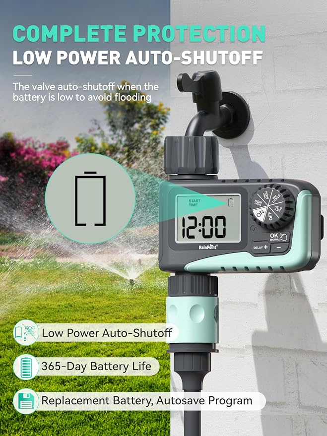 RAINPOINT Sprinkler Timer, Programmable Water Timer for Garden Hose, Outdoor Soaker Hose Timed with Rain Delay/Manual/Automatic Watering System, Digital Irrigation Timed for Yard, Lawn, 2 Pack