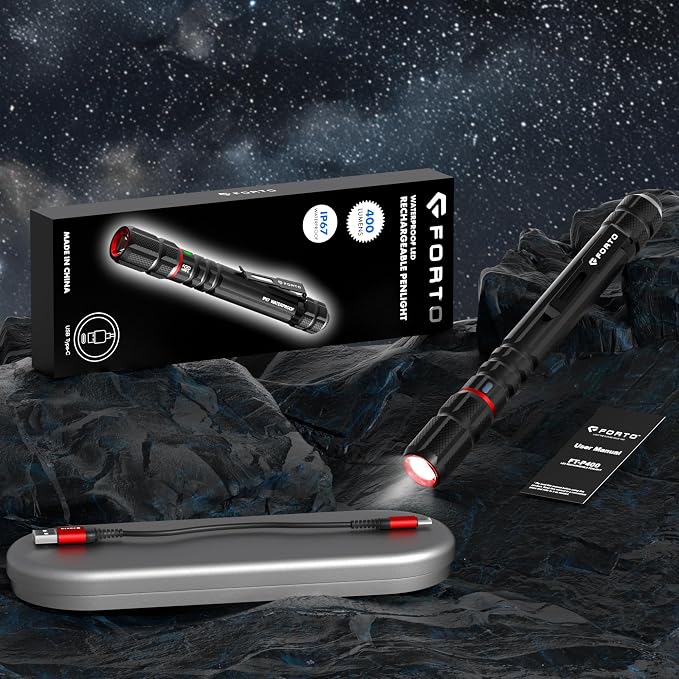 FORTO Rechargeable Pen Light Flashlight, 400 Lumens Small Pocket Flashlight with Clip, IP67 Waterproof, 2 Light Modes, 3-Color Battery Indicator, Type-C Charging, for Inspection,Emergency（1 Pack）