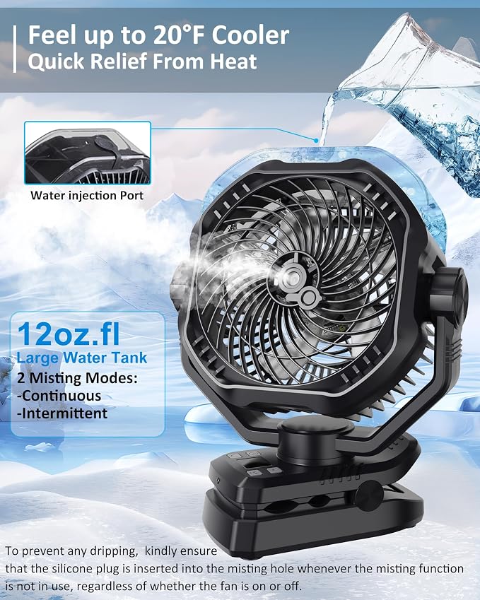 Portable Rechargeable Misting Fan with 12oz Mist, Battery Life Display, Remote, Timer, Light, 5 Speeds, 9-Inch, 20000mAh 120H Battery Powered Clip Fan for Stroller, Travel, Outdoor, Poweroutage
