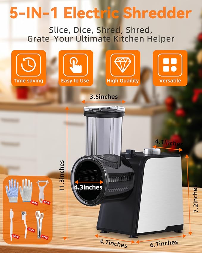 5-In-1 Electric Cheese Grater: [800W Advanced Motor] Upgraded Cheese Grater with 5-Interchangeable Blades, Peelers Cleaning Brush&Gloves as Gifts, Salad Shooter Electric for Cheese, Fruits (Black N3)