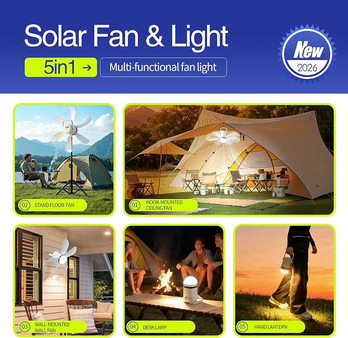 Solar Ceiling Fan with Light, 10800mAh Rechargeable Battery & 15W Solar Panel, DC Brushless Quiet Fan, RF Remote Control, for Gazebo, Patio, Camping Tent, Garage, RV, Emergency Use