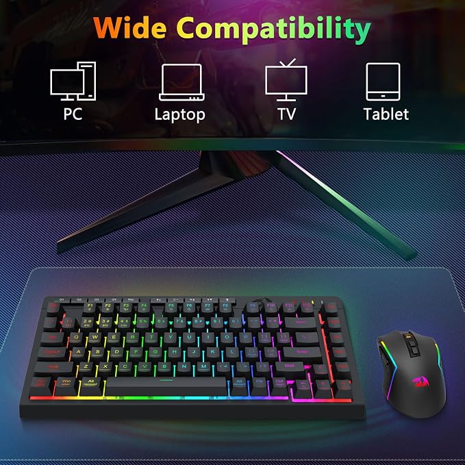 Redragon Wireless Gaming Keyboard and Mouse Combo, Bluetooth/2.4G/USB-C Wired, RGB Backlit, 75% Portable Quiet Rechargeable Macro Membrane Keyboard & 12800 DPI Mouse with Software for Win/MAC