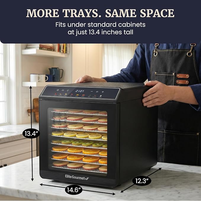 Elite Gourmet 10-Tray Food Dehydrator Machine, Digital Temp & Timer (95–167°F), Stainless Steel Trays, Jerky Maker, Fruit & Herb Dryer, Yogurt Maker, 48 Hour Timer, Mesh & Fruit Roll Trays, Black