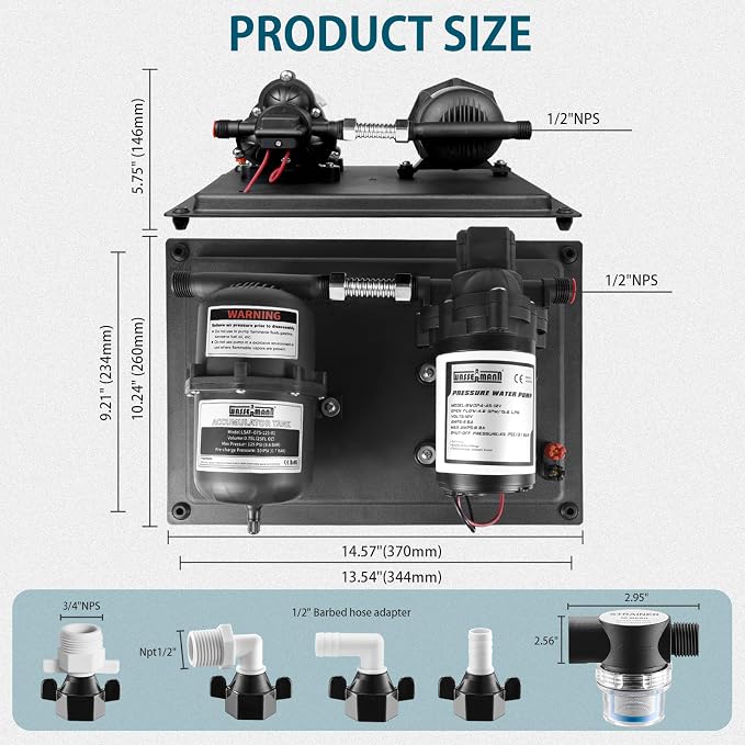 WASSERMANN 12V RV Water Pump and Accumulator Tank System, 4.0GPM 45PSI Self Priming Water Diaphragm Pump with 0.75L 10 PSI Pre-Pressurized Accumulator Tank, Pressure Switch, for Boat Garden RV Camping