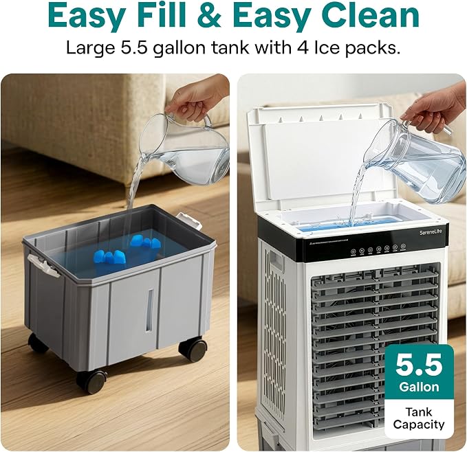 SereneLife Portable Air Cooler with 2200 CFM Power - High-Performance Evaporative Air Cooler for Indoor and Outdoor Spaces, 21 L Tank, Oscillation, 24-Hour Timer, Remote Control Cooling System
