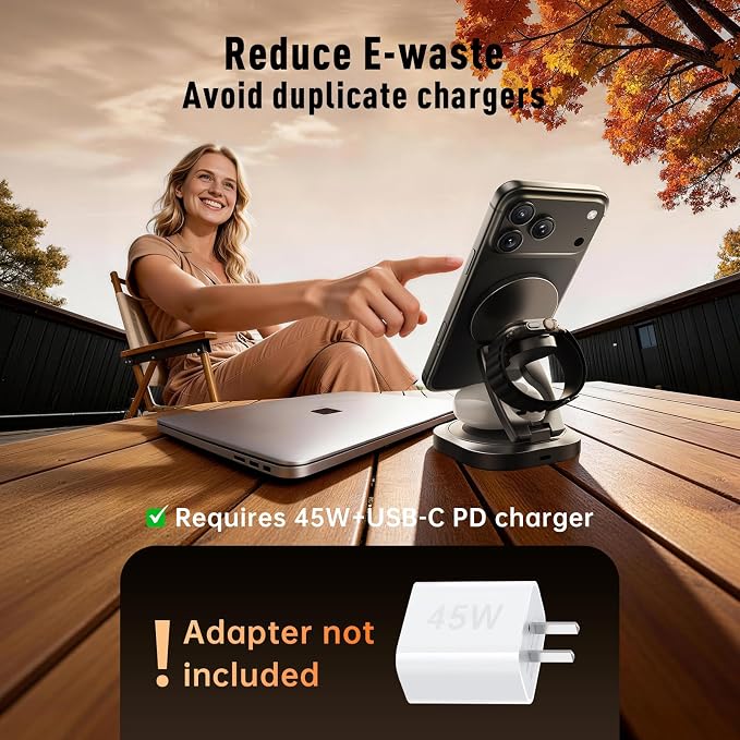 3-in-1 Foldable Qi2.2 25W Magnetic Wireless Charger Stand for iPhone Grey | 360° Rotatable Charging Station for Airpods & Apple Phone Watch Earbuds for Travel Desk Home (No Adapter)