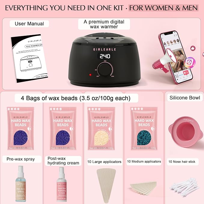 GIRLEARLE Black and Pink Digital Waxing Kit for Women and Men Sensitive Skin, Nose&Ear Wax Kit Hair Removal at Home with Wax Beads & Silicone Pot, Target Different Types of Brazilian Bikini, Facial