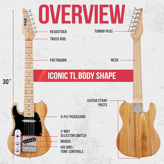 LyxPro 30” Electric Guitar Left Hand TL Series, Full-Size Paulownia Wood Body, 3-Ply Pickguard, C-Shape Neck, Ashtray Bridge, Quality Gear Tuners, 3-Way Switch & Volume/Tone Controls, 2 Picks, Natural
