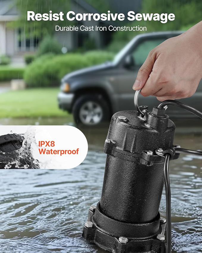 VEVOR Submersible Sewage Pump, 1/2 HP, 6000 GPH Cast Iron Sewage/Effluent Pump with Automatic Tethered Float Switch, 2-Inch NPT Discharge, 120V, 25 ft Max Lift, for Basement, Septic Tank, Residential