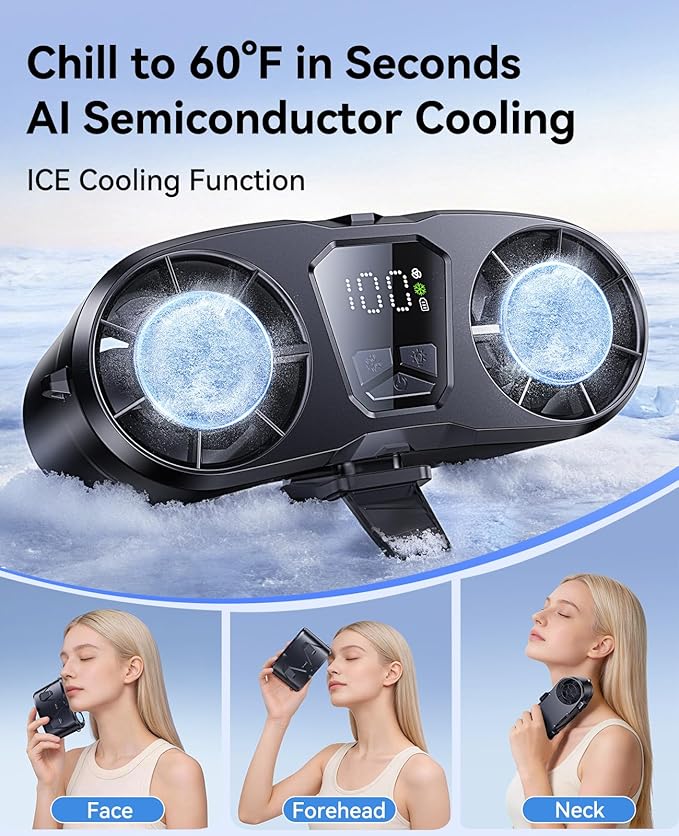 KIMMOO Dual-Motor Rechargeable Waist Fan with Ice Cooling, 25000 RPM High-Speed Neck Belt Clip-on Fan with 10 Gears, LED Display & Flashlight, Hands-Free Personal Fan for Work Outdoor Travel, Black