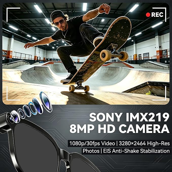 AI Smart Glasses with Camera,8MP Camera Glasses,1080P Anti-Shake Video Recording, Real Time Translation,AI Voice Assistant,Object Recognition,Bluetooth Sunglasses for Men Women(Black Lenses)