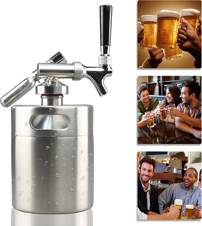 NutriChef Pressurized Growler Tap System - Stainless Steel Mini Keg Dispenser Portable Kegerator Kit - Co2 Pressure Regulator Keeps Carbonation for Craft Beer, Draft and Homebrew - (64oz)