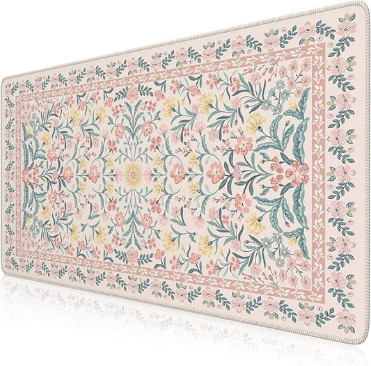 iCasso Pink Floral Desk Mat, Desk Pad, XXL Large Mouse Pad, Anti-Slip Big Mousepad with Stitched Edges, Computer Mouse Pads for Desktop Decor, Cute Office Desk Accessories for Women(Pink)