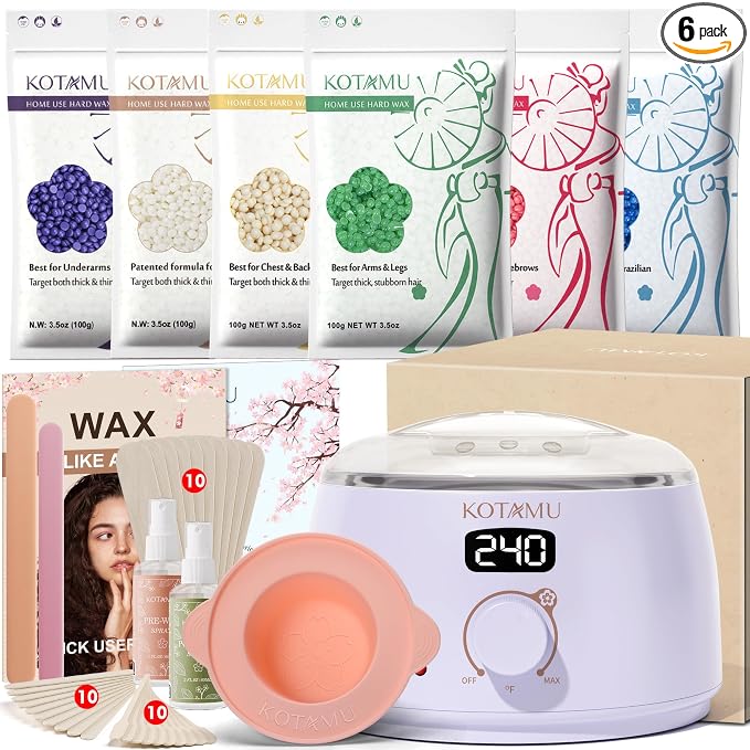 KOTAMU Waxing Kit for Women & Men, Wax Warmer for Hair Removal, Digital Wax Kit with SiliconePot，Ideal for Face Eyebrow Arm Legs Armpit &Sensitive Skin, Purple Waxing Machine With 44 Accessories