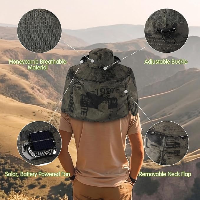 3 Pcs Solar Fan Hat with Arm Sleeves Neck Gaiter Wide Brim Sun Hat Solar Powered USB Charging for Men Women