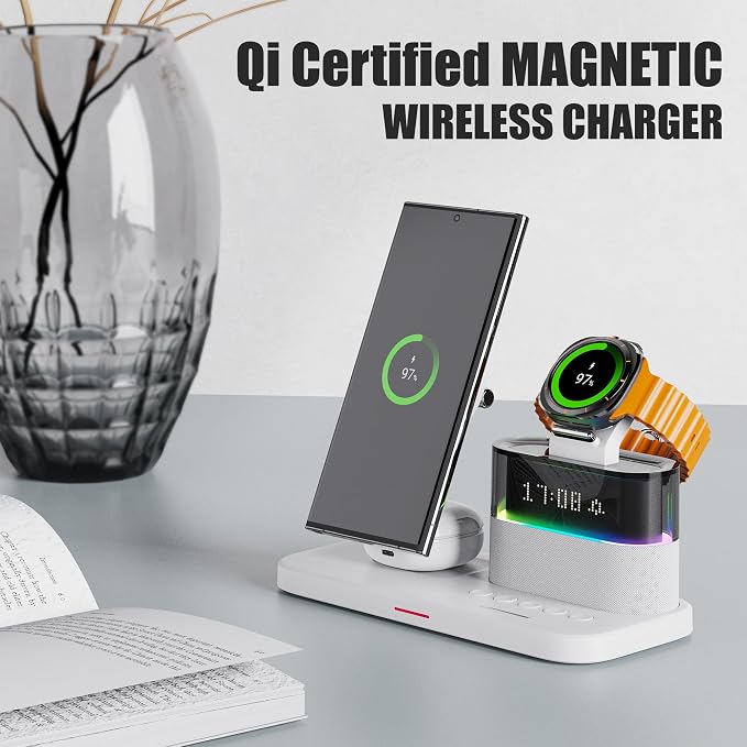 Magnetic Charger for Samsung, 5 in 1 Wireless Charging Station with Alarm Clock for Samsung Galaxy S25 Ultra/S24/S23/S22,Galaxy Watch 7/6/4/5,Galaxy Buds/Pro, White