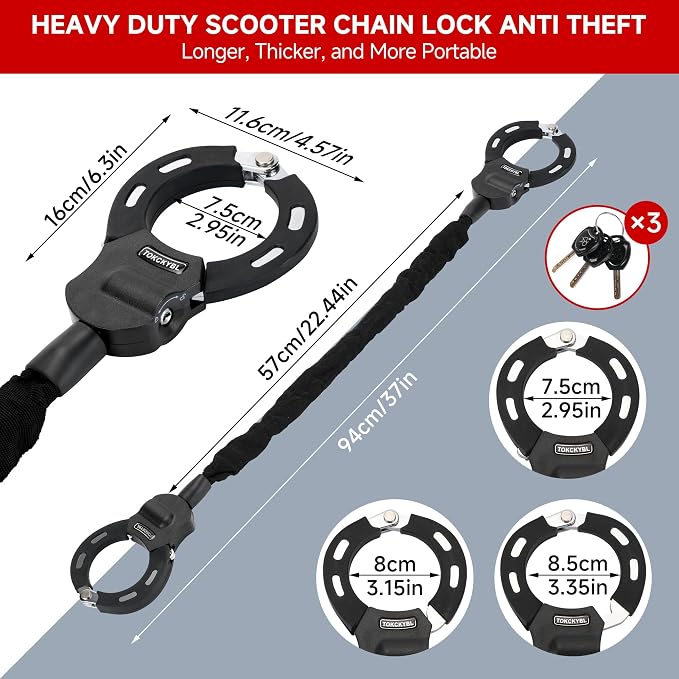 Heavy Duty Scooter Lock - 8mm Anti-Theft Chain Lock with 3 Keys, 94cm Weatherproof Security Lock for Electric Scooters, Bikes, Motorcycles