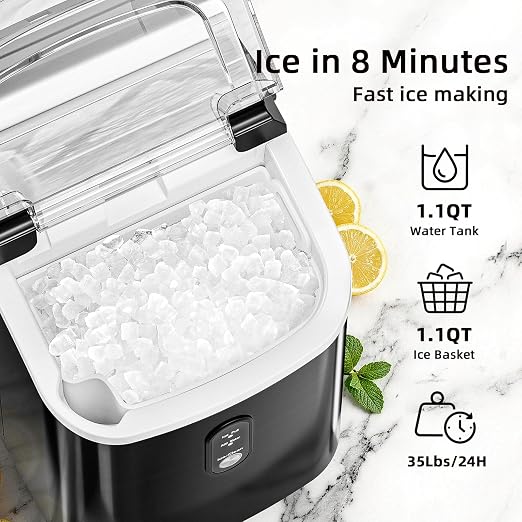 Antarctic Star Nugget Ice Maker Countertop, 35lbs/24H Ice Machine, Soft Chewable Sonic Ice, Self-Cleaning, Fast Ice Ready in 8 Minutes, Compact Design with Handle, Stainless Steel Black