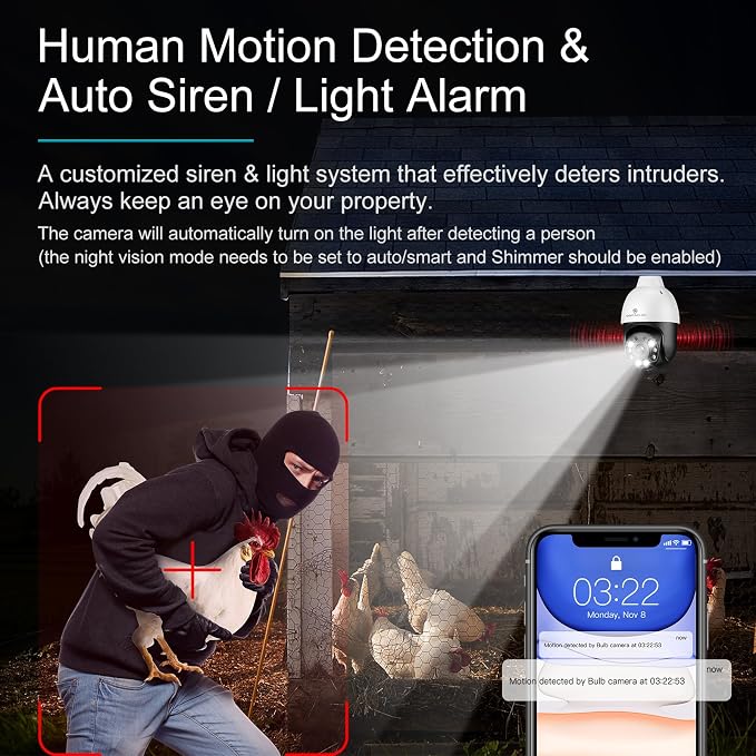 SYMYNELEC 5GHz/2.4GHz Light Bulb Security Camera Outdoor Waterproof 2.5K, Dual-Band WiFi Light Socket Security Camera with AI Human Motion Detection Tracking 4MP Color Night Vision Siren Alarm Alexa