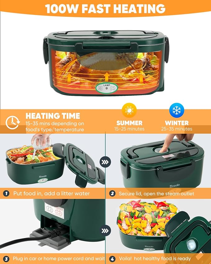 Eocolz Electric Lunch Box Food Heater 80W for Adults, Portable Food Warmer Heated Lunch Box for Car Truck Work with 1.5L Stainless Steel Container Fork & Spoon 12/24/110V Lonchera Eléctrica Portátil