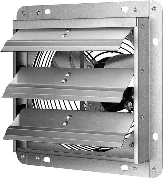 Simple Deluxe 14 Inch Wall Mounted Shutter Aluminum Exhaust Fan, 1600 RPM, 1000 CFM, for Attic, Garage, Louvered Vent, Plant, Greenhouse, Silver