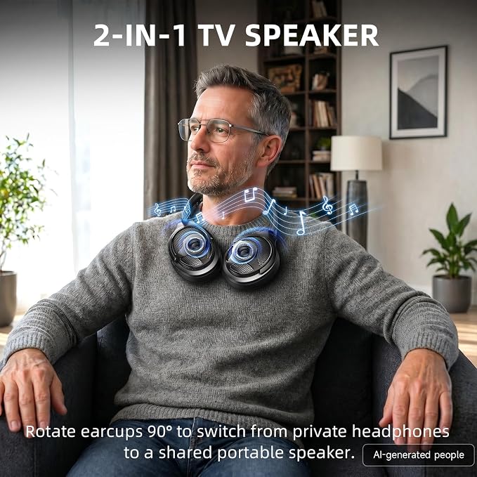 AOC Wireless Headphones for TV, TV Headphones Wireless for Seniors, 2.4GHz Plug and Play Transmitter for No Audio Delay, 48H Battery Over Ear Headset with Bluetooth 5.4