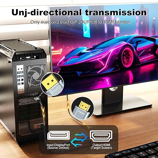 DisplayPort to HDMI 2.1 Cable 10FT 8K@60Hz 4K@120Hz Uni-Directional DP (Source) to HDMI (Display) Braided Cord Supports HDCP 2.3 HDR10 Display Port for AMD,NVIDIA,and PC