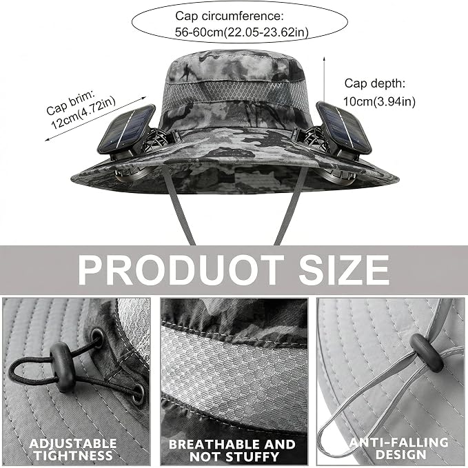 Outdoor Wide Brim Sun Hat with 2 Solar Powered Fan, Bucket Hat for Men Women, Fishing, Gardening & Beach Hat for Men